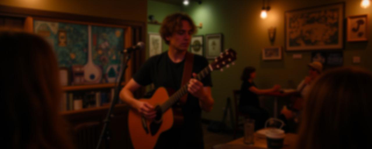 En musiker som spiller gitar på en liten scene inne på DuggDråpe Cafe.